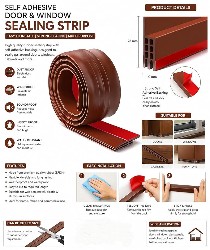 23309Self Adhesive Window Sealing Strip in a roll, designed to block gaps around windows and doors for improved comfort.